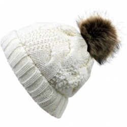 Skullies & Beanies Women's Thick Cable Knit Beanie Hat with Soft Fur Pom Pom - Off White - C3126H240QL $27.12