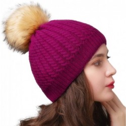Sun Hats Winter Beanie for Women Warm Knit Bobble Skull Cap Big Fur Pom Pom Hats for Women - 16 Rose Red - C51855C8EII $24.84