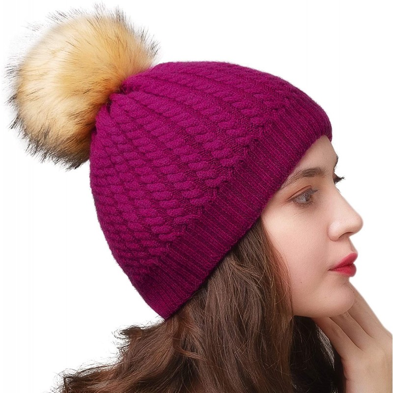 Sun Hats Winter Beanie for Women Warm Knit Bobble Skull Cap Big Fur Pom Pom Hats for Women - 16 Rose Red - C51855C8EII $26.18