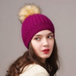 Sun Hats Winter Beanie for Women Warm Knit Bobble Skull Cap Big Fur Pom Pom Hats for Women - 16 Rose Red - C51855C8EII $26.18