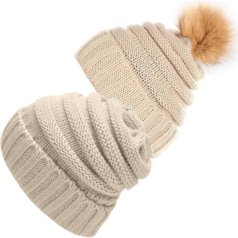 Skullies & Beanies Winter Hats for Womens Knit Slouchy Skullies Beanies Ski Caps with Faux Fur Pom Pom Bobble - Unisex Beige ...