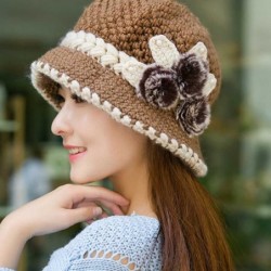 Skullies & Beanies Special Women Lady Winter Warm Crochet Knitted Flowers Decorated Ears Hat - Khaki - C318HYWKKXA $29.08