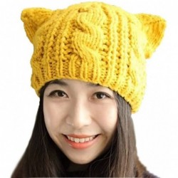 Berets Women Winter Wool Baggy Beret Beanie Cute Devil Cat Ear Crochet Braided Knit Hat Ski Cap - Yellow - CP12L55USZR $21.47