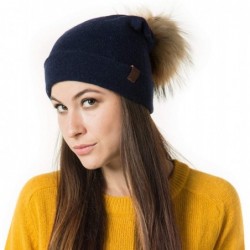 Skullies & Beanies Marino Slouchy Beanie Hat for Women - Cashmere Blend - Rabbit Fur Pompom - Navy - CZ12MY9QPRR $33.32