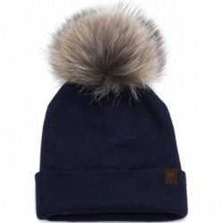 Skullies & Beanies Marino Slouchy Beanie Hat for Women - Cashmere Blend - Rabbit Fur Pompom - Navy - CZ12MY9QPRR $35.54