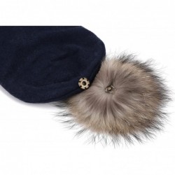 Skullies & Beanies Marino Slouchy Beanie Hat for Women - Cashmere Blend - Rabbit Fur Pompom - Navy - CZ12MY9QPRR $35.54