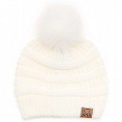 Skullies & Beanies Women's Soft Stretch Cable Knit Warm Skully Faux Fur Pom Pom Beanie Hats - 2 Pack - Off White & Blush - CD...