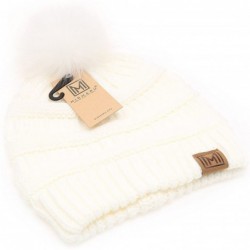 Skullies & Beanies Women's Soft Stretch Cable Knit Warm Skully Faux Fur Pom Pom Beanie Hats - 2 Pack - Off White & Blush - CD...