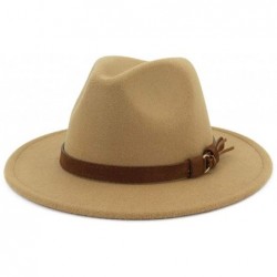 Fedoras Women's Woolen Wide Brim Fedora Hat Classic Jazz Cap with Belt Buckle - Camel-1 - CA18X508E9Z $25.72