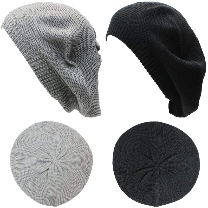 Berets JTL Beret Beanie Hat for Women Fashion Light Weight Knit Solid Color - 2pcs-pack Gray and Black - CQ18QG8ZKRG $34.32