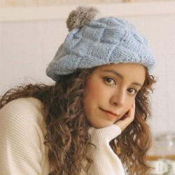 Skullies & Beanies Winter Women Knitted Wool Beret Hat with Fur Pom Pom Solid Cap Crochet Beanie with Fuzzy Ball Top - Blue -...