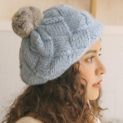 Skullies & Beanies Winter Women Knitted Wool Beret Hat with Fur Pom Pom Solid Cap Crochet Beanie with Fuzzy Ball Top - Blue -...