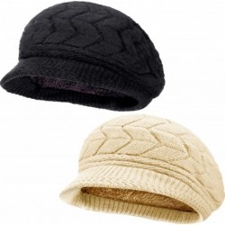 Newsboy Caps 2 Pieces Women Winter Beret Hats Warm Knit Caps Snow Ski Hats with Visor - Black- Beige - CW18YQ8G6MS $24.21