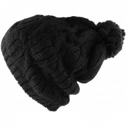 Skullies & Beanies Thick Crochet Knit Slouchy Pom Pom Beanie Winter Ski Hat - Crochet Black - CE12CFUM5QV $27.86