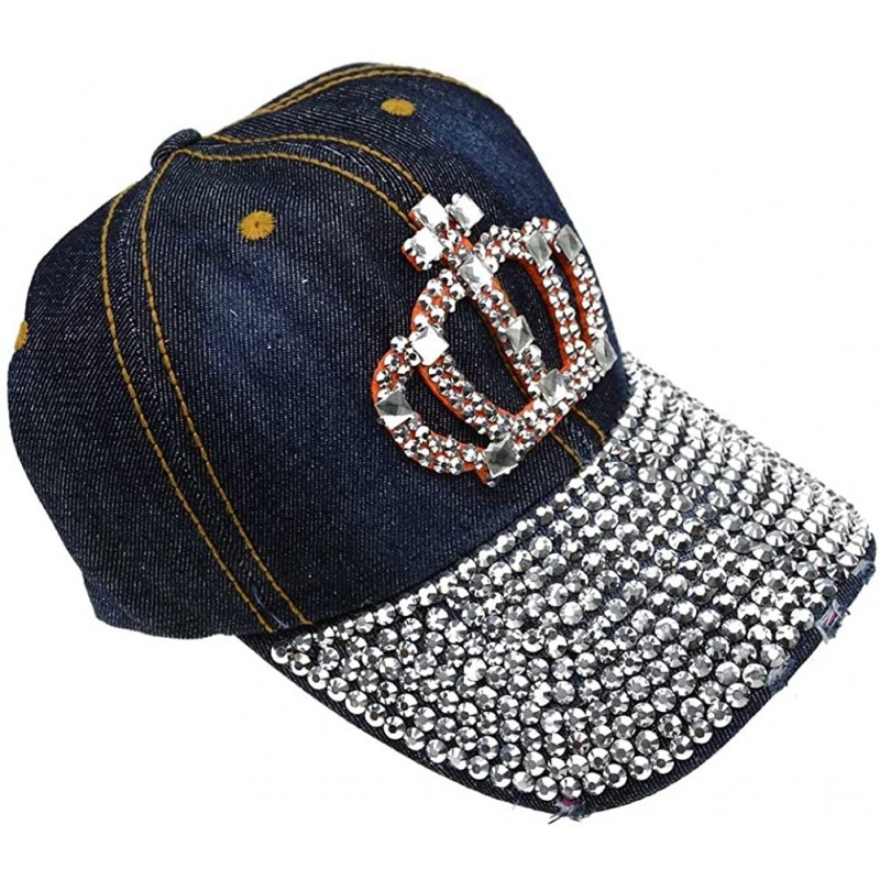 Baseball Caps Women Denim Bling Studded Crown Crystal Rhinestone Baseball Cap Flat Hat - Black - C61859HDXHR $28.62