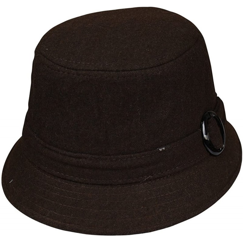 Bucket Hats Wool Ladies Bucket Hat Cloche with Round Buckle - Brown - CG12C2YJ3QF $30.60