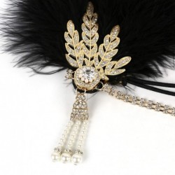 Headbands Vintage 1920s Black Feather Headpiece Gold Beaded Art Deco Flapper Headband - 10a Black and Gold - C21966IW9RD $30.44