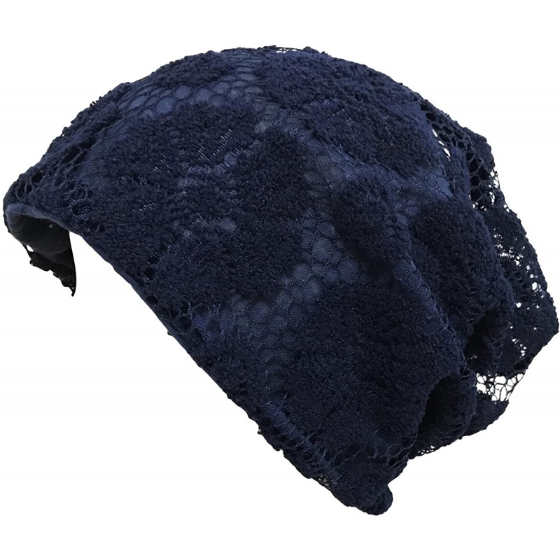 Skullies & Beanies Womens Lace Chemo Beanie Hat Cap Turban for Cancer Patients - Navy - CT126OWT3IJ $23.91
