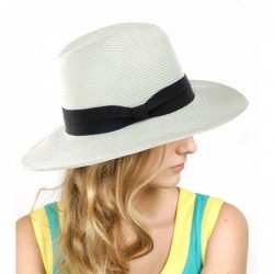 Fedoras Lightweight Solid Color Band Braided Panama Fedora Sun Hat - White/Black - CB11WWYH0XT $20.57