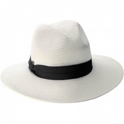 Fedoras Lightweight Solid Color Band Braided Panama Fedora Sun Hat - White/Black - CB11WWYH0XT $29.09