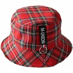 Bucket Hats Plaid Bucket Hats Flat Top Sun Protection Fisherman Caps with Ring - Red - CQ18QHT4824 $18.07