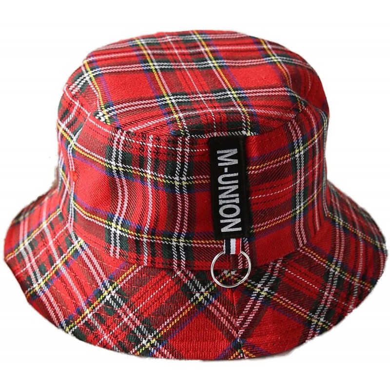 Bucket Hats Plaid Bucket Hats Flat Top Sun Protection Fisherman Caps with Ring - Red - CQ18QHT4824 $28.29