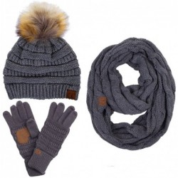 Skullies & Beanies 3pc Set Faux Fur Trendy Ribbed Knit Pom Pom Beanie- Fur Gloves and Scarf - CJ18GNK9RH2 $96.88