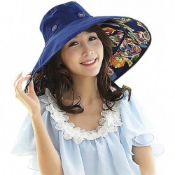 Sun Hats Women Large Brim Bucket Hats Anti-UV Foldable Beach Travel Flat Sun Hat Cap Topee - Navy Blue/Printed Flower - CM12I...