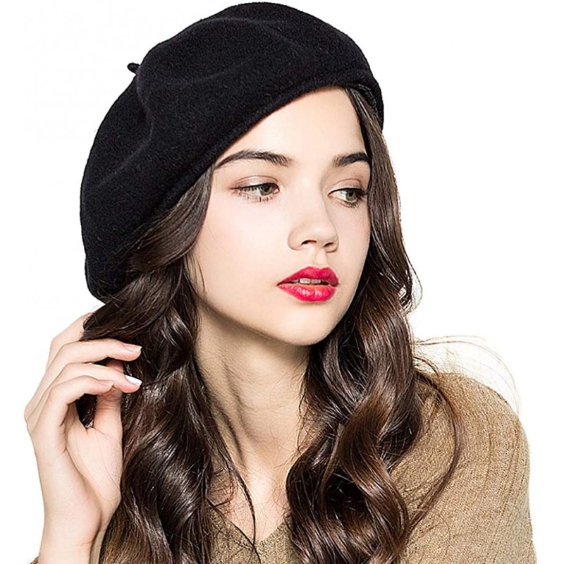 Berets Woman French 100% Wool Beret Solid Color Artist Hat Womens Winter Beanie Cap Hat - Black - CN18IM3MAYW $23.15