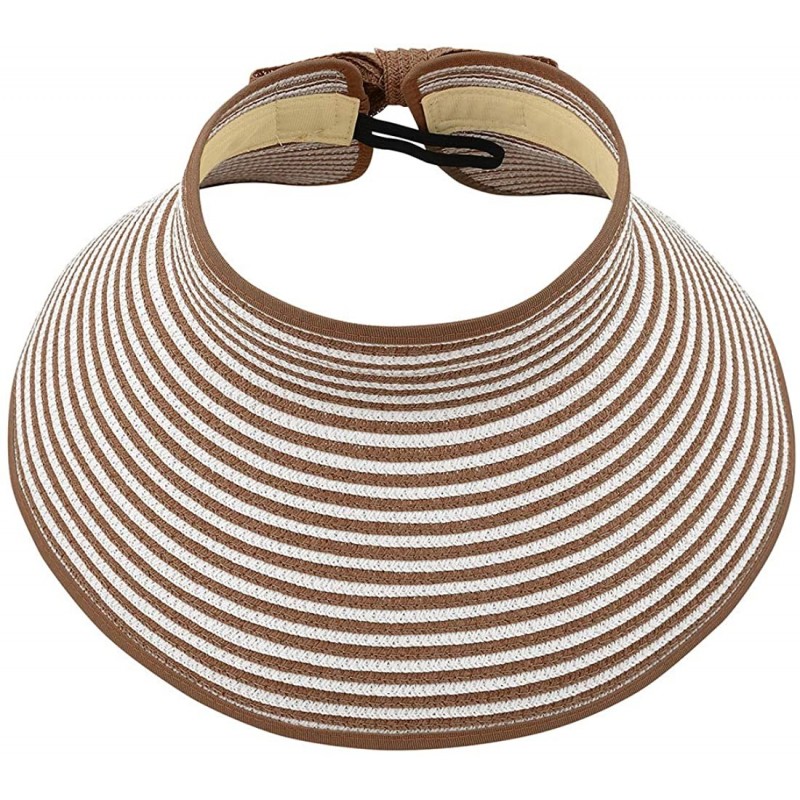 Sun Hats Sun Visors for Womens Summer Straw Visor Hat Wide Brim Beach Sun Hat Bowknot Straw Hats - E Coffee Stripe - CO198S0I...