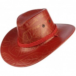 Cowboy Hats Men Women's Western PU Leather Cowboy Hat Wide Brim Outback Hat UV Protection - Red - CE18QSDGQQT $20.60