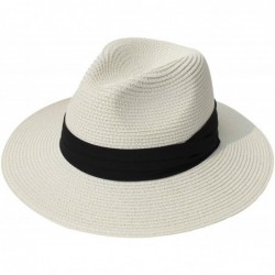 Sun Hats Women Straw Panama Hat Fedora Beach Sun Hat Wide Brim Straw Roll up Hat UPF 30+ - Ivory - C718NW4A0UO $36.88