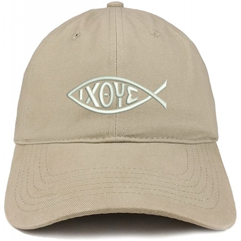 Baseball Caps Ichthus Fish Symbol Embroidered Brushed Cotton Dad Hat Ball Cap - Khaki - CC180D0GSCK $34.64
