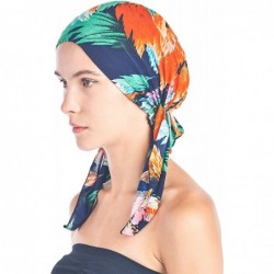 Skullies & Beanies Pre Tied Bandana Turban Chemo Head Scarf Sleep Hair Cover Hat - Navy/Coral Tropical Fronds - C6187I95563 $...