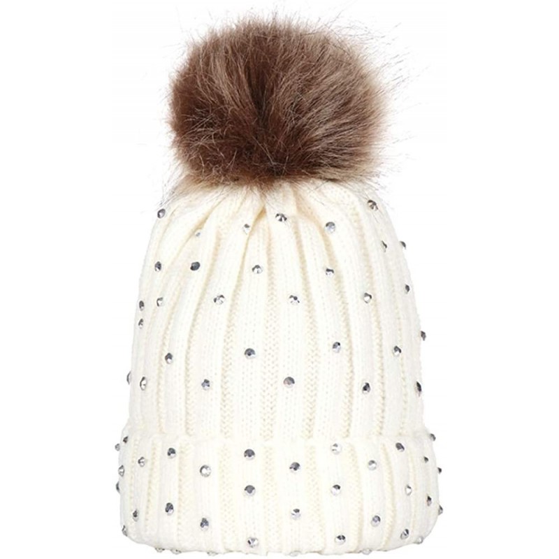 Skullies & Beanies Hats Pompom Rhinestone Decor Winter Kids Boy Girl Solid Color Beanie Cap Knitted Hat - White - CS18KGRLW2C...