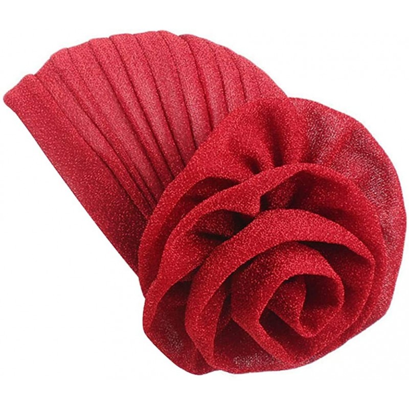 Skullies & Beanies Vintage Flower Twist Pleated Knotted Stretch Turban Hat Muslim Ruffle Beanie Scarf Turban Cap - Red - C418...