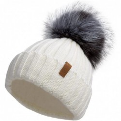 Skullies & Beanies Women Winter Knitted Beanie Hat with Fur Pom Bobble Hat Skull Beanie for Women - Cream( Silver Fox Pom) - ...