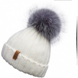 Skullies & Beanies Women Winter Knitted Beanie Hat with Fur Pom Bobble Hat Skull Beanie for Women - Cream( Silver Fox Pom) - ...