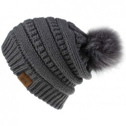 Skullies & Beanies Women Casual Knit Hats Beanie Hat Large Pom Ladies Winter Warm Cap - Dark Gray - CW18AYY3XNT $17.36
