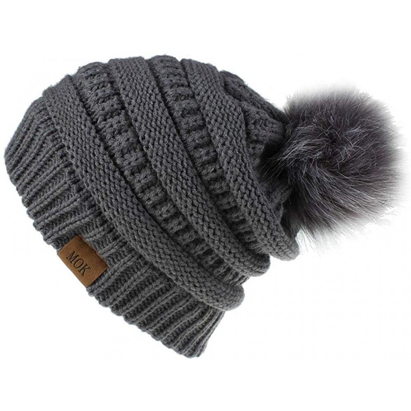 Skullies & Beanies Women Casual Knit Hats Beanie Hat Large Pom Ladies Winter Warm Cap - Dark Gray - CW18AYY3XNT $15.88