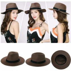Fedoras Mens Womens Packable Straw Derby Panama Ribbon Band Sun Hat Fedora Summer - 00715brown - CM18SMCOC7Z $32.85