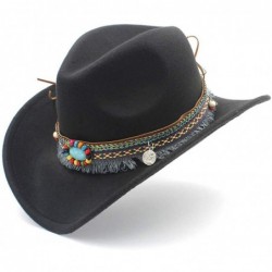 Cowboy Hats Women Men Wool Blend Western Cowboy Hat Cowgirl Caps Bohemia Tassel Ribbon - Black - CW18IINCL34 $26.12