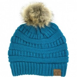 Skullies & Beanies Soft Stretch Cable Knit Ribbed Faux Fur Pom Pom Beanie Hat - Teal - C512LLP15GR $26.24