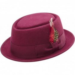 Fedoras Men's Stingy Brim Teardrop Dent Pork Pie Wool Felt Hat with Feather H-45 - Burgundy - CP185UO8CKX $75.87