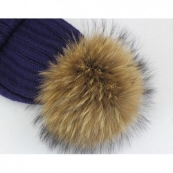 Skullies & Beanies Knit Hat for Womens Girls Fleece Winter Slouchy Beanie Hat with Real Raccon Fox Fur Pom Pom - Slouch Navy ...