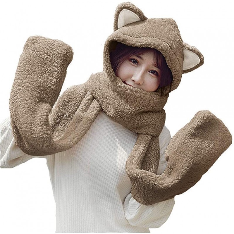 Cold Weather Headbands Women Girls Cute Panda Animal Winter Hats 3 in 1 Warm Plush Hoodie Cap Paw Gloves Mitten Scarf Set - K...