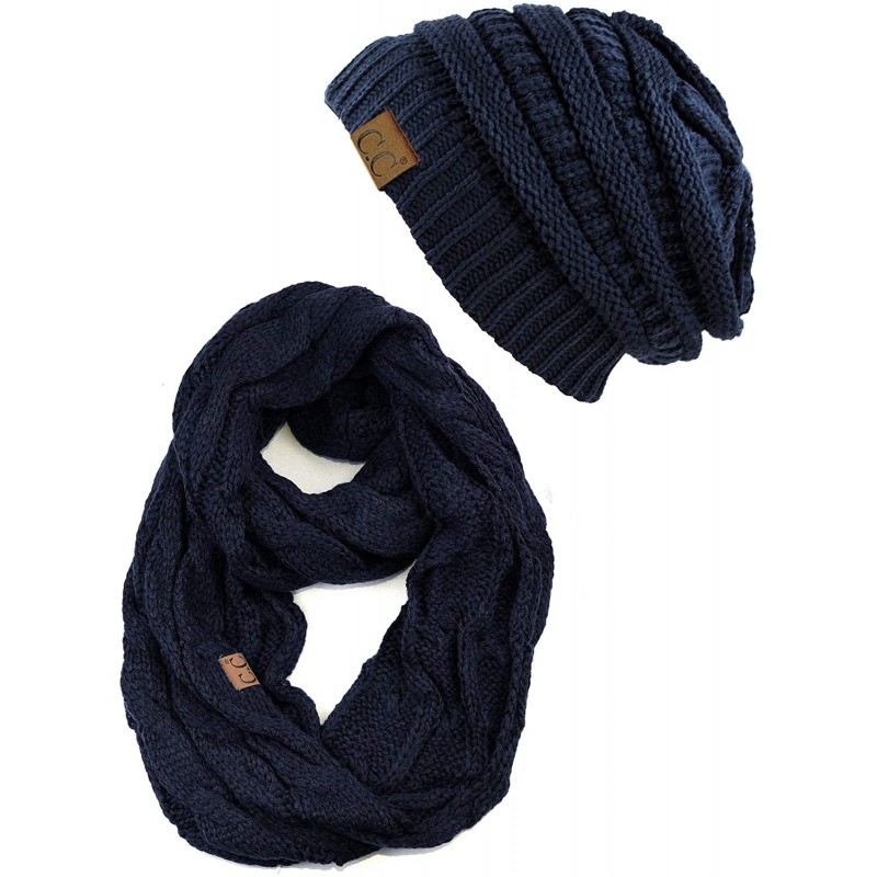 Skullies & Beanies Unisex Soft Stretch Chunky Cable Knit Beanie and Infinity Loop Scarf Set - Navy - CT18KIU22XH $35.61