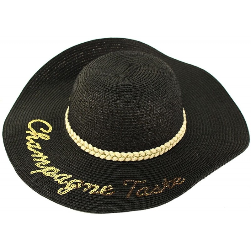 Sun Hats Fun Embroidery Wide Brim 4" Summer Derby Beach Pool Floppy Dress Sun Hat - Champagne Taste- Black - CL18E0QO8TS $19.34