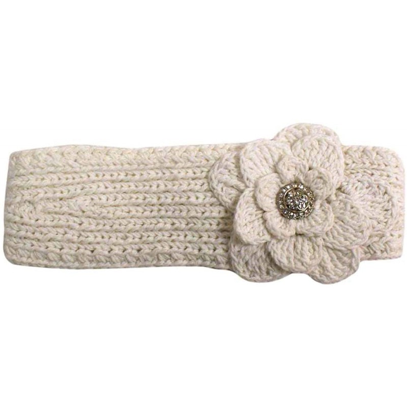 Cold Weather Headbands Hand Knit Headband With Rhinestone Flower - White - CH118XFTOVR $25.43