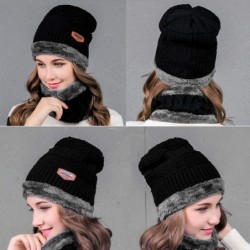 Headbands Women Winter Warm Hat Knit Reversible Plush Lined Hat Ski Cap Set Fleece Neck Warmer Circle Loop Scarf - Black - CD...
